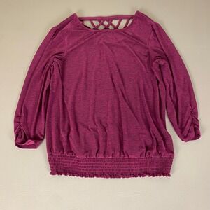 Apt 9 Blouse Smocked Waist‎ Top Women's XL Fuchsia Criss Cross Back 3/4 Sleeve